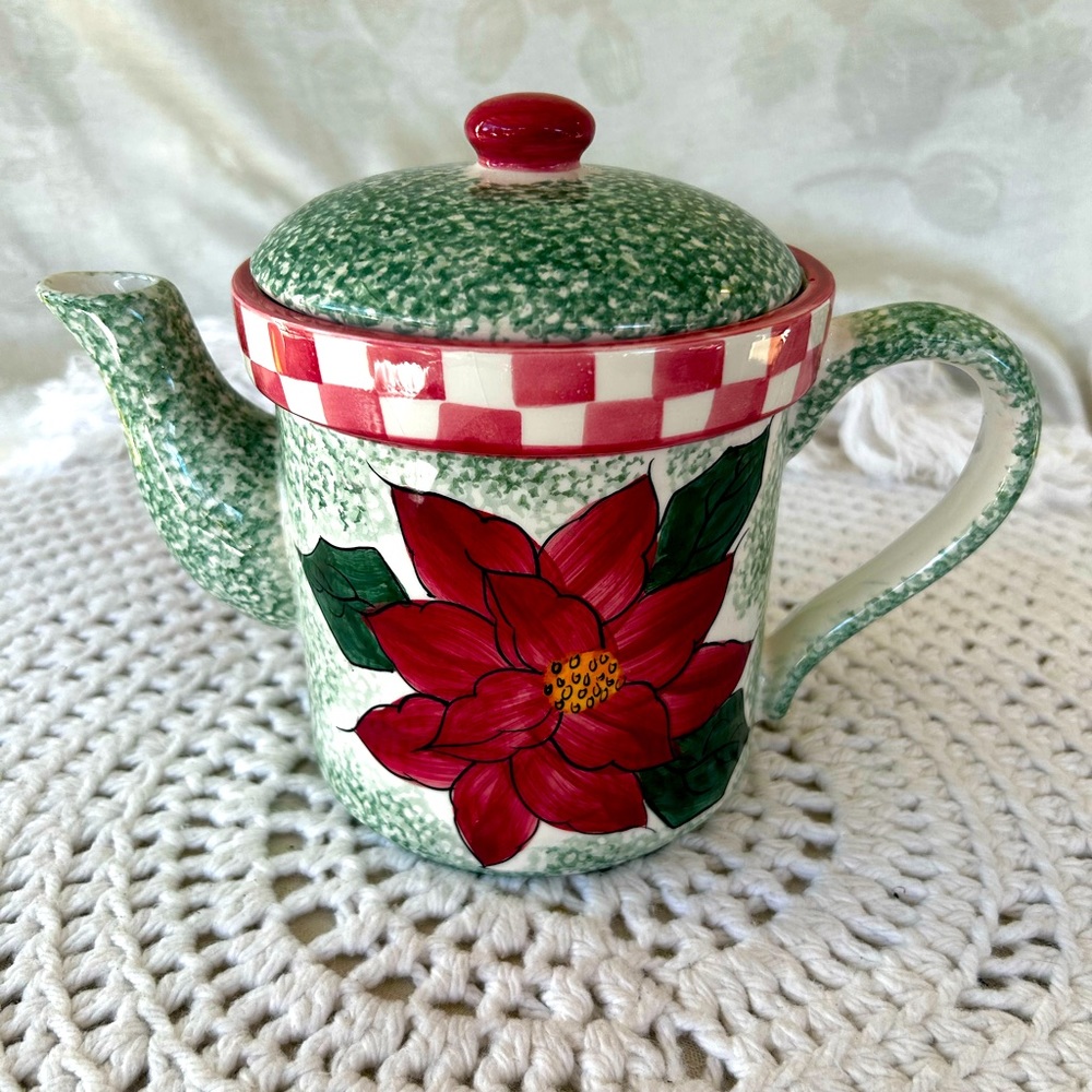 Vintage Ceramic Poinsettia/Spongeware Pattern Red, Green, White Teapot